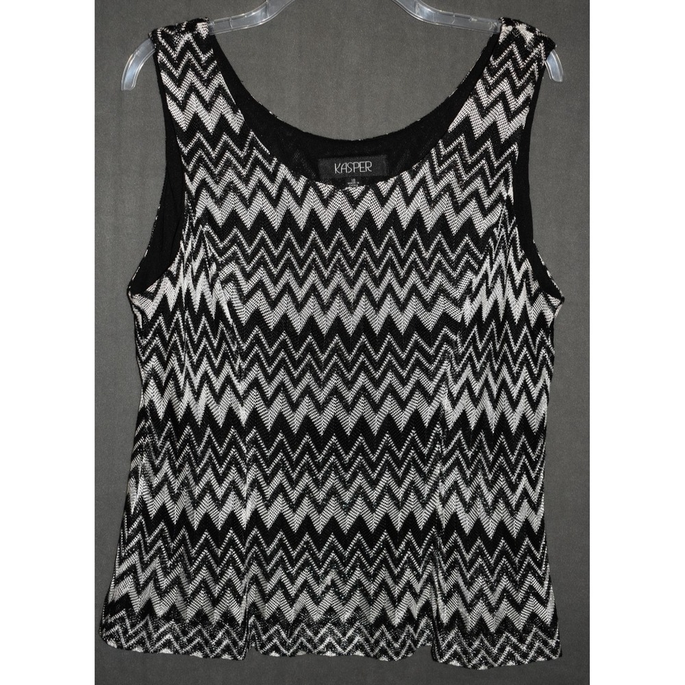 Kasper 18 Sleeveless Blouse Black Silver Geometric Stretchy Slinky Lined Elegant